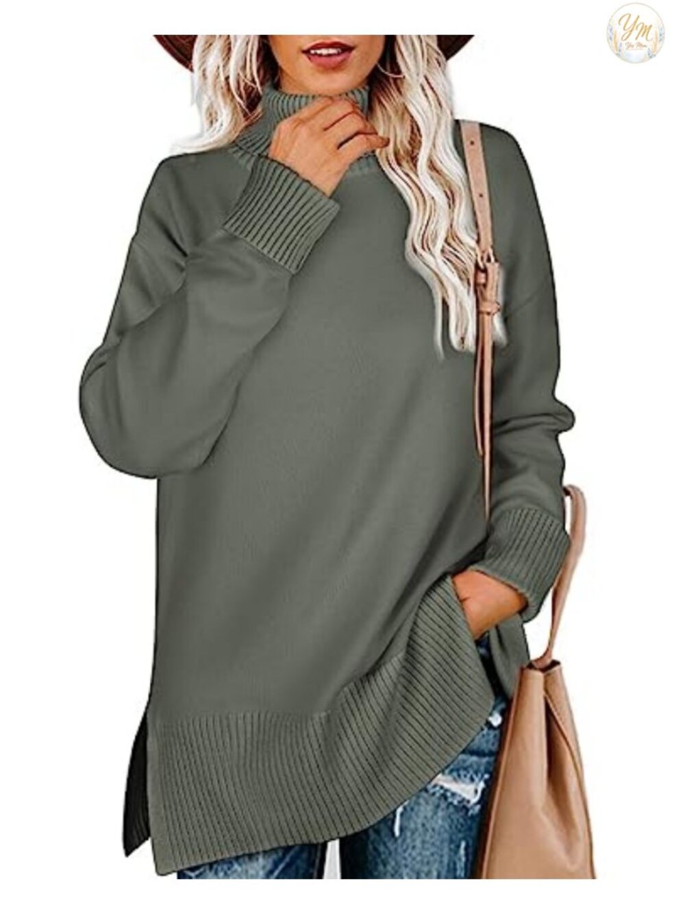 Women's Turtleneck Sweater Side Split Oversized Pullover Tunic Long Sleeve